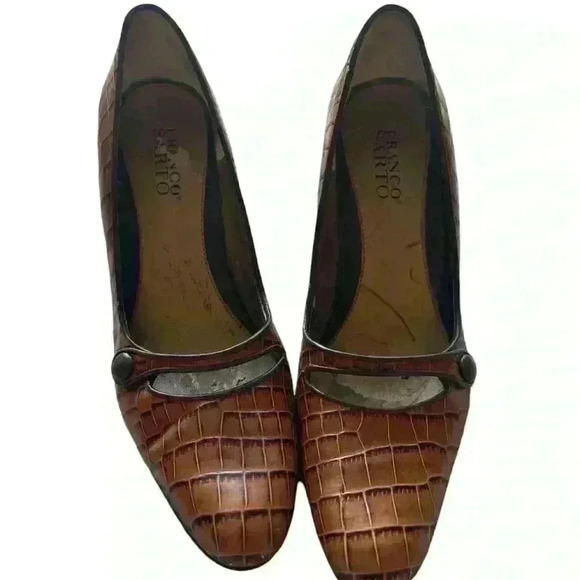 Franco Sarto Brown Crocodile Leather Pumps Size 7 1/2 Pointed Toe MaryJane Heels - Picture 2 of 8